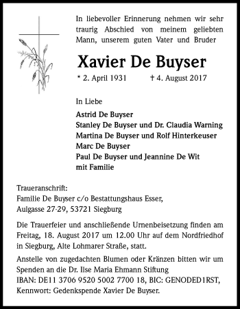 Anzeige von Xavier De Buyser von Kölner Stadt-Anzeiger / Kölnische Rundschau / Express