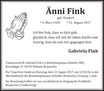 Anzeige von Änni Fink von  Sonntags-Post 