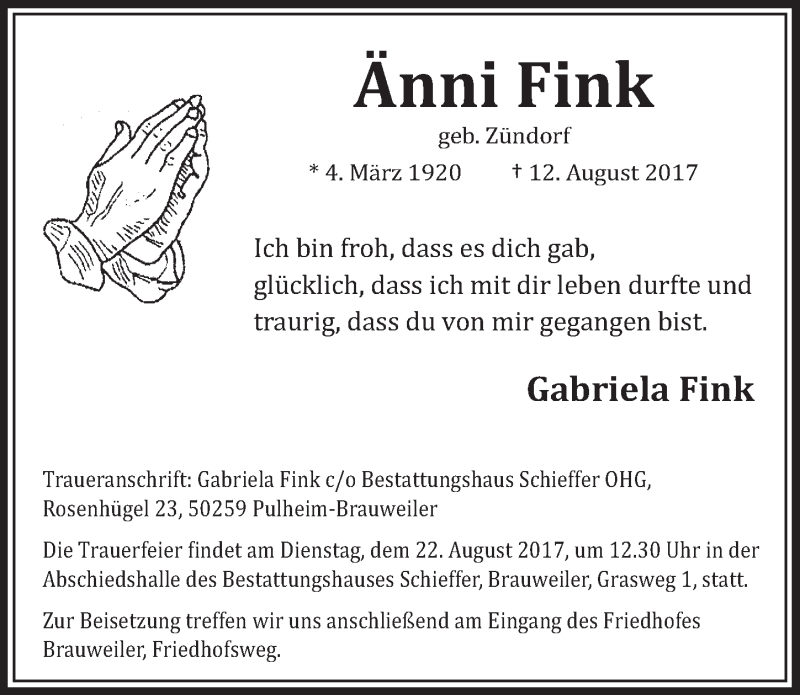  Traueranzeige für Änni Fink vom 19.08.2017 aus  Sonntags-Post 