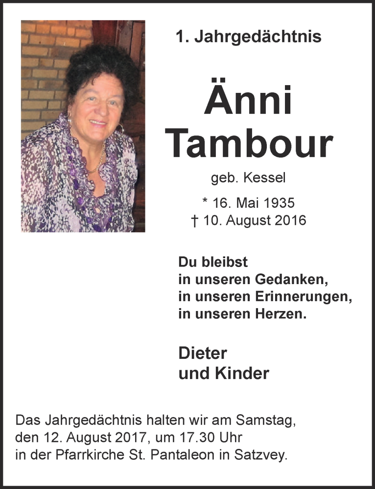 Traueranzeige für Änni Tambour vom 05.08.2017 aus  Blickpunkt Euskirchen 
