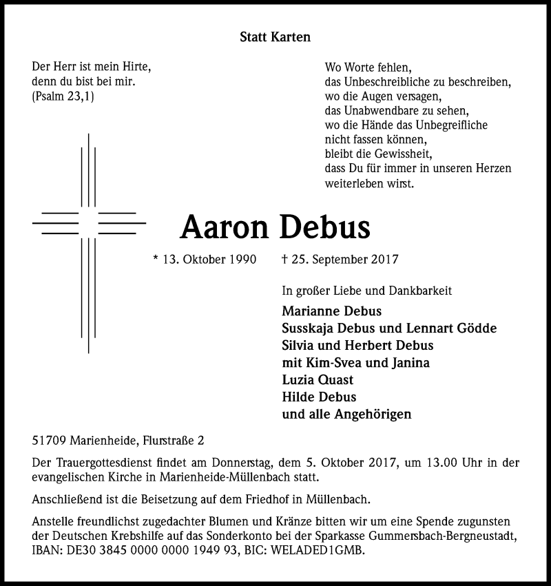  Traueranzeige für Aaron Debus vom 30.09.2017 aus Kölner Stadt-Anzeiger / Kölnische Rundschau / Express