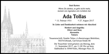 Anzeige von Ada Tollas von Kölner Stadt-Anzeiger / Kölnische Rundschau / Express
