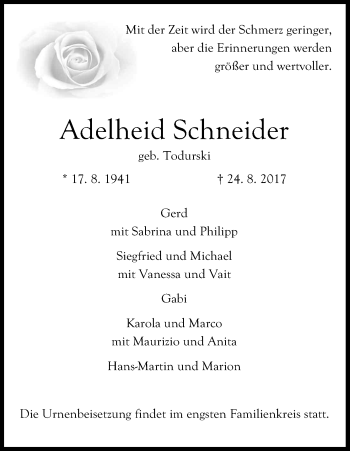 Anzeige von Adelheid Schneider von Kölner Stadt-Anzeiger / Kölnische Rundschau / Express