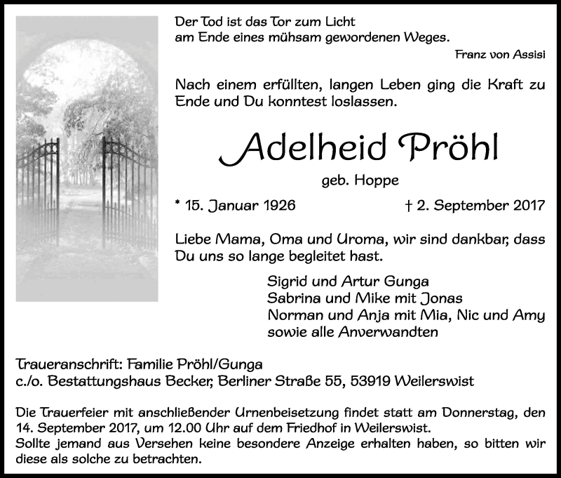  Traueranzeige für Adelheid Tröhl vom 09.09.2017 aus Kölner Stadt-Anzeiger / Kölnische Rundschau / Express
