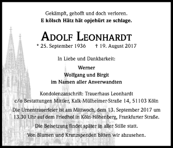 Anzeige von Adolf Leonhardt von Kölner Stadt-Anzeiger / Kölnische Rundschau / Express