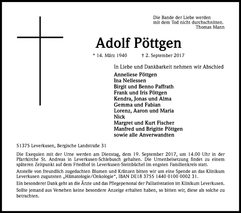  Traueranzeige für Adolf Pöttgen vom 09.09.2017 aus Kölner Stadt-Anzeiger / Kölnische Rundschau / Express