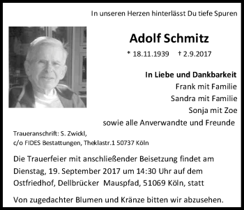 Anzeige von Adolf Schmitz von Kölner Stadt-Anzeiger / Kölnische Rundschau / Express