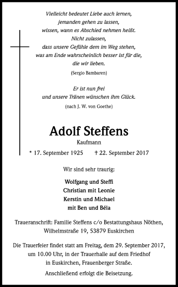 Anzeige von Adolf Steffens von Kölner Stadt-Anzeiger / Kölnische Rundschau / Express