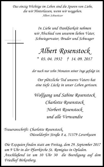 Anzeige von Albert Rosenstock von Kölner Stadt-Anzeiger / Kölnische Rundschau / Express