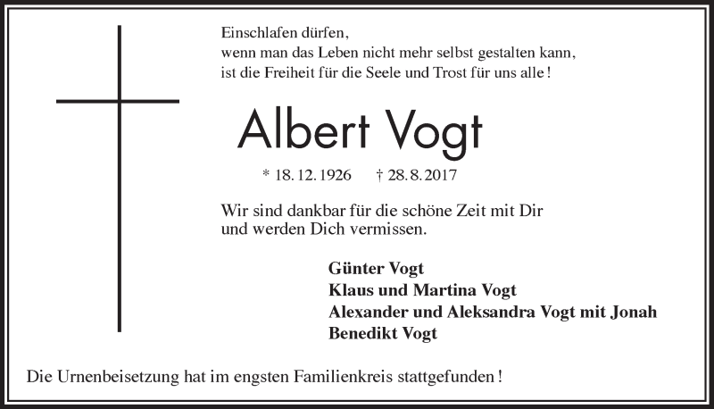  Traueranzeige für Albert Vogt vom 20.09.2017 aus  Lokale Informationen 