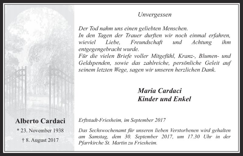  Traueranzeige für Alberto Cardaci vom 27.09.2017 aus  Werbepost 