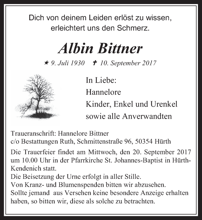  Traueranzeige für Albin Bittner vom 13.09.2017 aus  Wochenende 