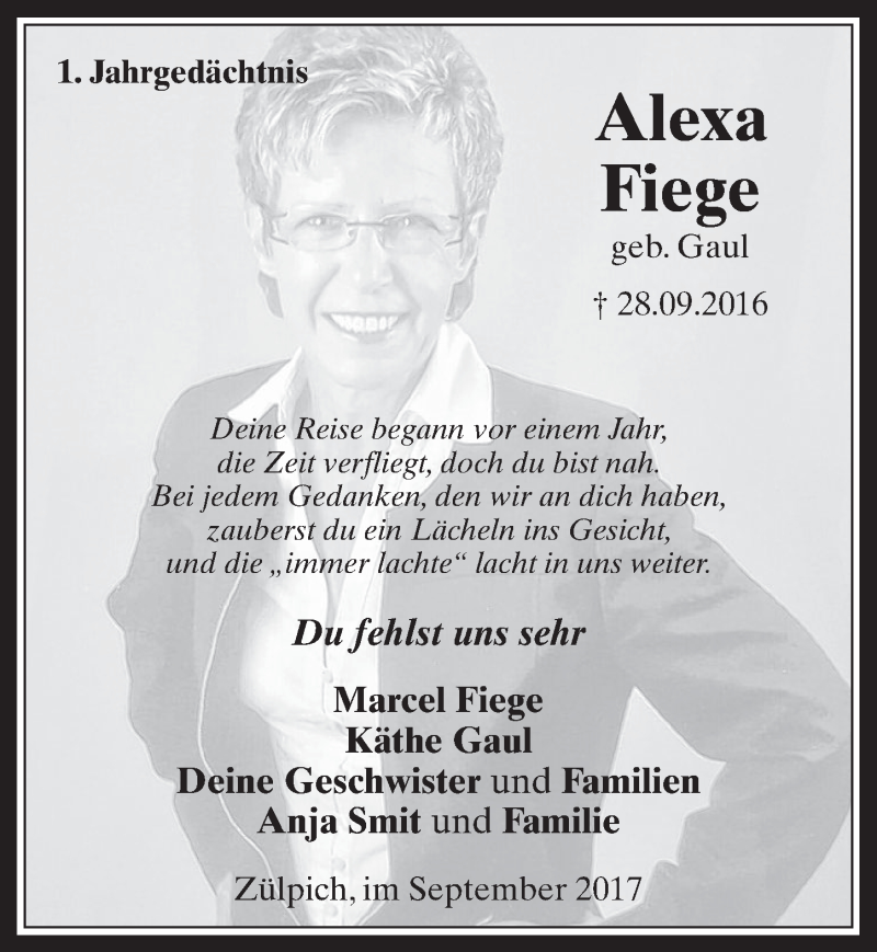  Traueranzeige für Alexa Fiege vom 30.09.2017 aus  Blickpunkt Euskirchen 