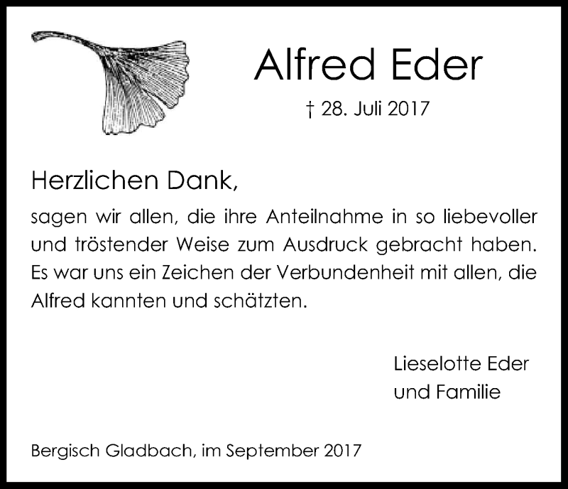  Traueranzeige für Alfred Eder vom 09.09.2017 aus Kölner Stadt-Anzeiger / Kölnische Rundschau / Express