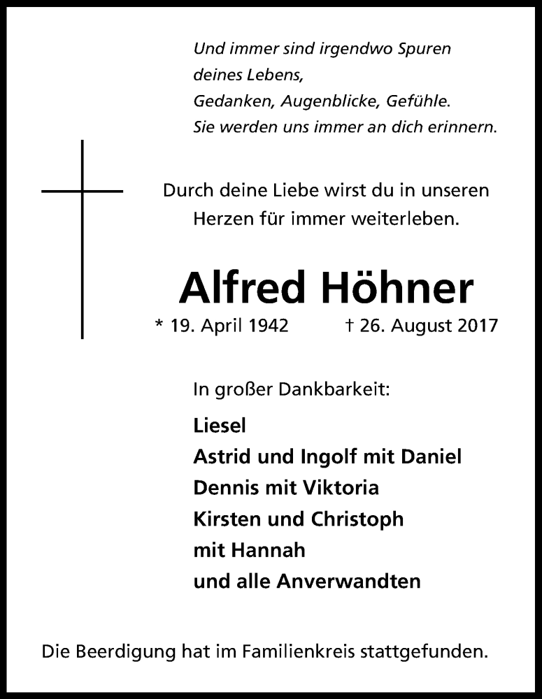  Traueranzeige für Alfred Höhner vom 23.09.2017 aus Kölner Stadt-Anzeiger / Kölnische Rundschau / Express