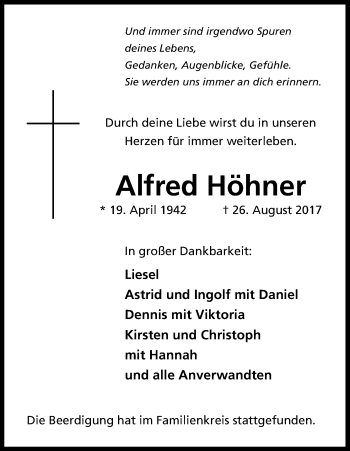 Anzeige von Alfred Höhner von Kölner Stadt-Anzeiger / Kölnische Rundschau / Express