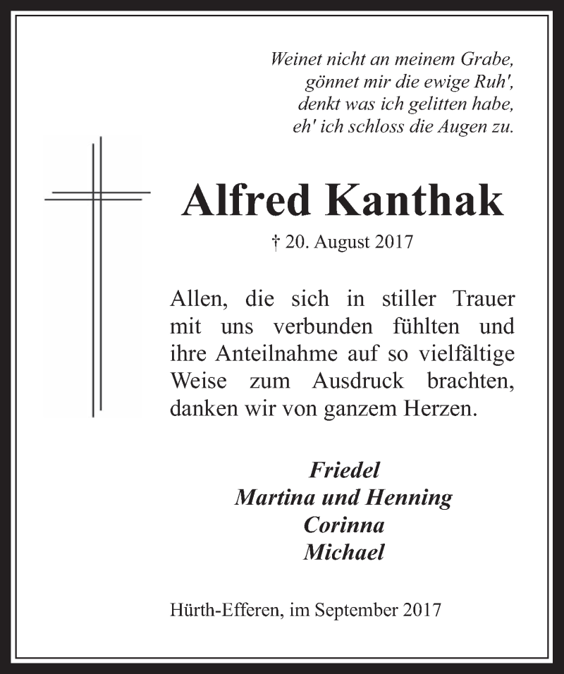  Traueranzeige für Alfred Kanthak vom 27.09.2017 aus  Wochenende 