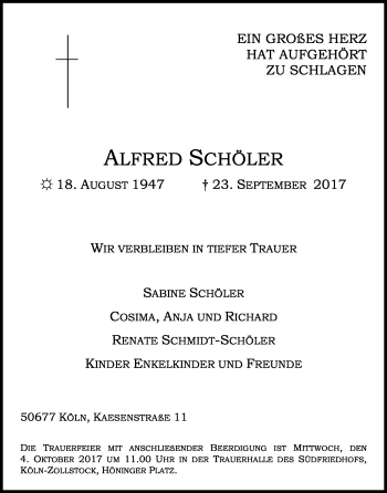 Anzeige von Alfred Schöler von Kölner Stadt-Anzeiger / Kölnische Rundschau / Express