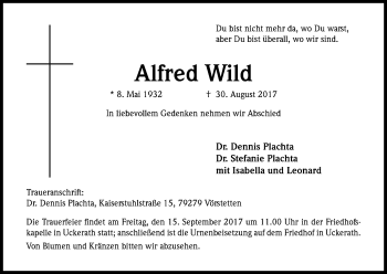 Anzeige von Alfred Wild von Kölner Stadt-Anzeiger / Kölnische Rundschau / Express