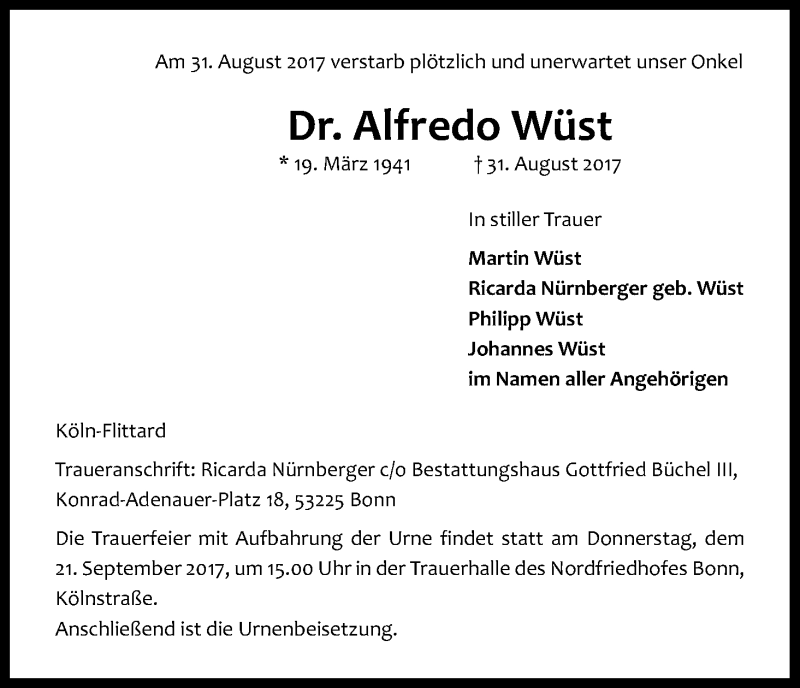  Traueranzeige für Alfredo Wüst vom 16.09.2017 aus Kölner Stadt-Anzeiger / Kölnische Rundschau / Express