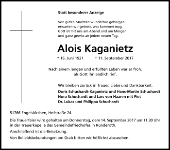 Anzeige von Alois Kaganietz von Kölner Stadt-Anzeiger / Kölnische Rundschau / Express