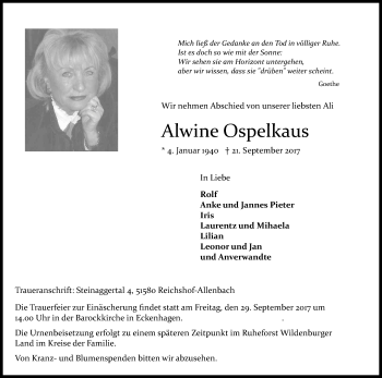 Anzeige von Alwine Ospelkaus von Kölner Stadt-Anzeiger / Kölnische Rundschau / Express