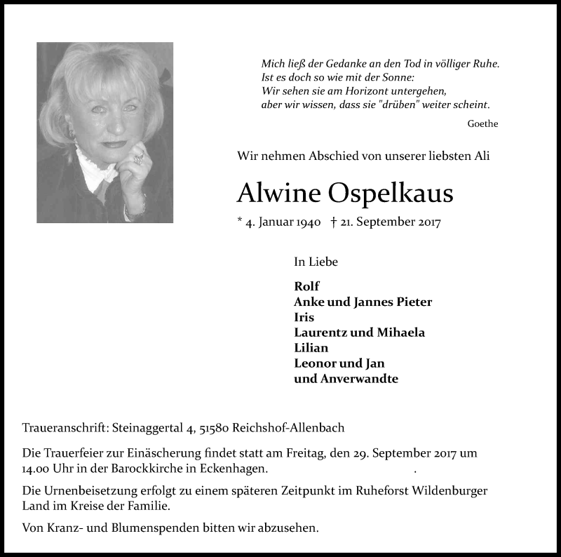  Traueranzeige für Alwine Ospelkaus vom 23.09.2017 aus Kölner Stadt-Anzeiger / Kölnische Rundschau / Express