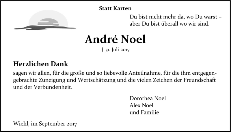  Traueranzeige für Andre Noel vom 27.09.2017 aus  Anzeigen Echo 