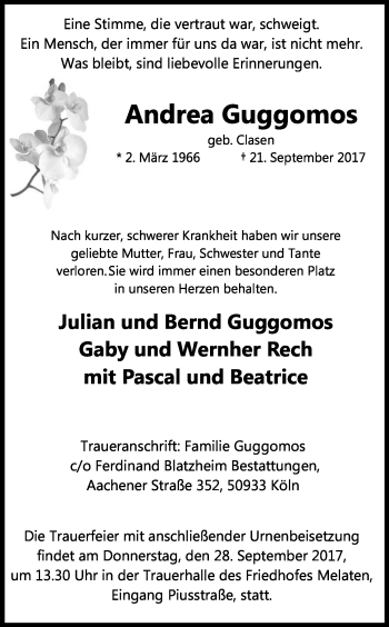 Anzeige von Andrea Guggomos von Kölner Stadt-Anzeiger / Kölnische Rundschau / Express
