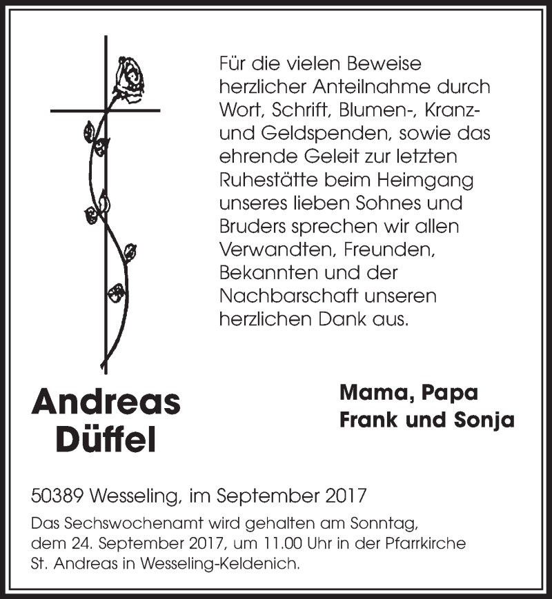  Traueranzeige für Andreas Düffel vom 13.09.2017 aus  Schlossbote/Werbekurier 