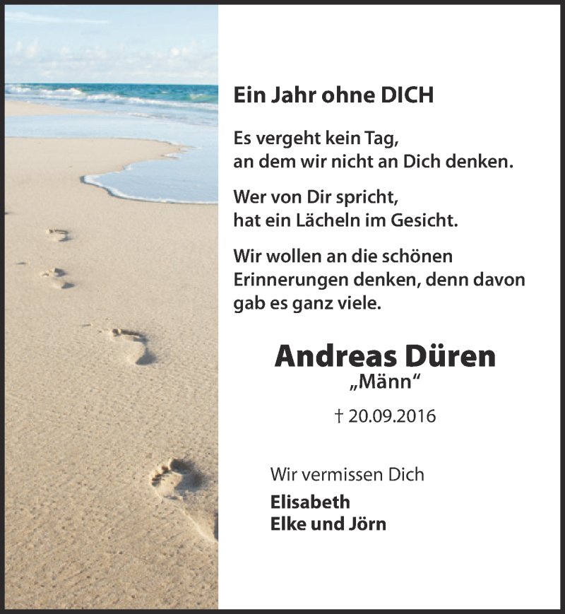  Traueranzeige für Andreas Düren vom 16.09.2017 aus  Blickpunkt Euskirchen 