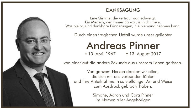  Traueranzeige für Andreas Pinner vom 27.09.2017 aus  Anzeigen Echo 