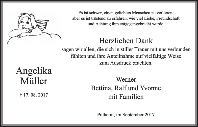  Traueranzeige für Angelika Müller vom 09.09.2017 aus  Sonntags-Post 