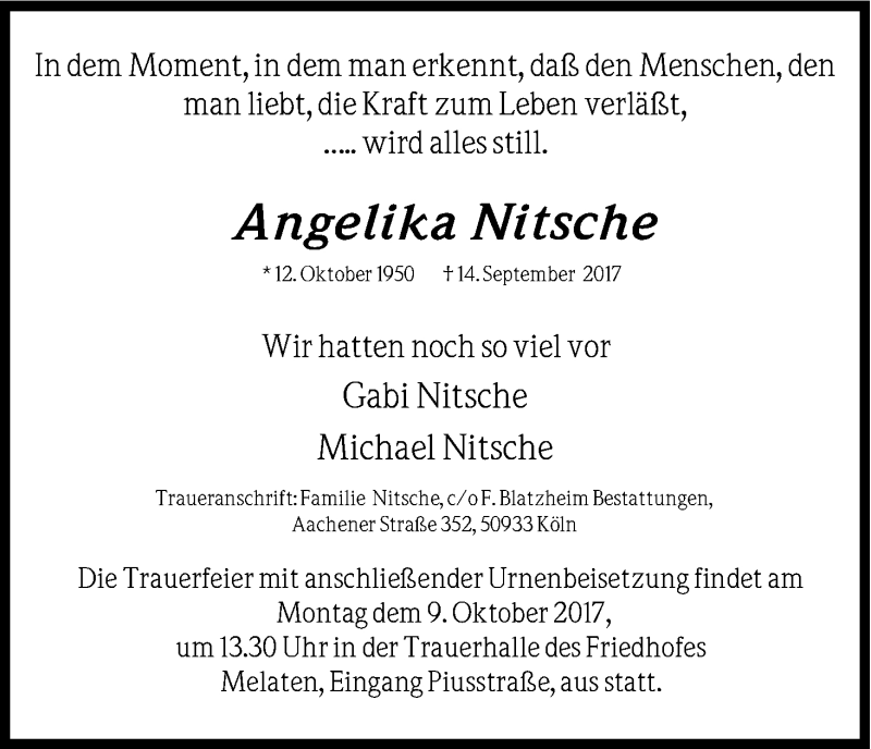  Traueranzeige für Angelika Nitsche vom 30.09.2017 aus Kölner Stadt-Anzeiger / Kölnische Rundschau / Express