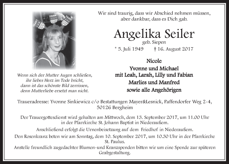  Traueranzeige für Angelika Seiler vom 06.09.2017 aus  Werbepost 