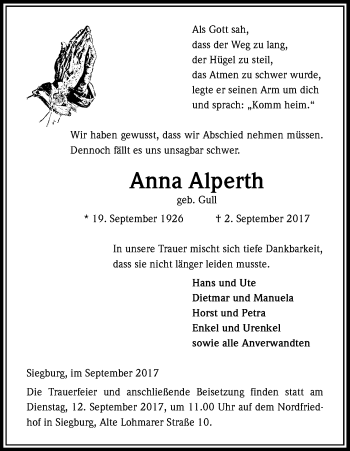 Anzeige von Anna Alperth von Kölner Stadt-Anzeiger / Kölnische Rundschau / Express