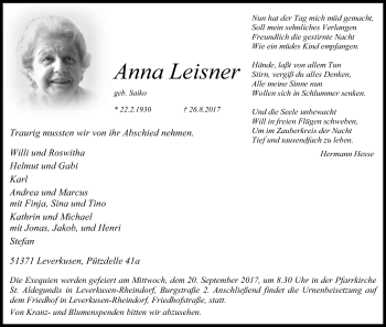 Anzeige von Anna Leisner von Kölner Stadt-Anzeiger / Kölnische Rundschau / Express