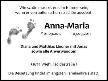 Anzeige von Anna-Maria Lindner von Kölner Stadt-Anzeiger / Kölnische Rundschau / Express