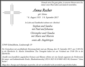 Anzeige von Anna Recher von Kölner Stadt-Anzeiger / Kölnische Rundschau / Express