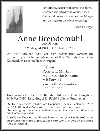 Anzeige von Anne Brendemühl von  Sonntags-Post 