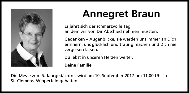  Traueranzeige für Annegret Braun vom 02.09.2017 aus Kölner Stadt-Anzeiger / Kölnische Rundschau / Express