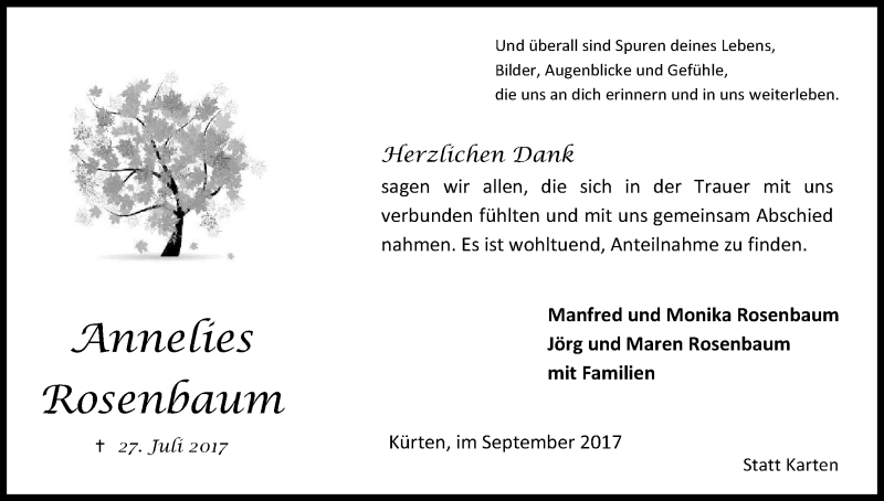  Traueranzeige für Annelies Rosenbaum vom 02.09.2017 aus Kölner Stadt-Anzeiger / Kölnische Rundschau / Express
