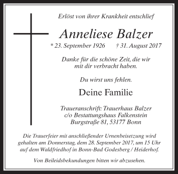 Anzeige von Anneliese Balzer von  Schaufenster/Blickpunkt 