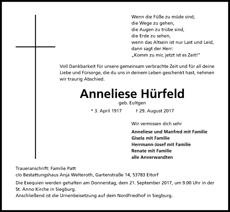  Traueranzeige für Anneliese Hörfeld vom 09.09.2017 aus Kölner Stadt-Anzeiger / Kölnische Rundschau / Express