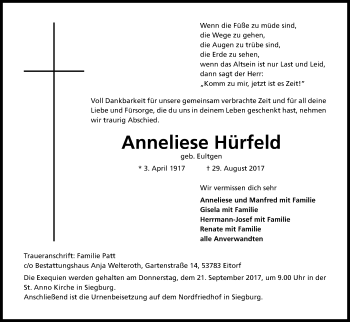 Anzeige von Anneliese Hörfeld von Kölner Stadt-Anzeiger / Kölnische Rundschau / Express