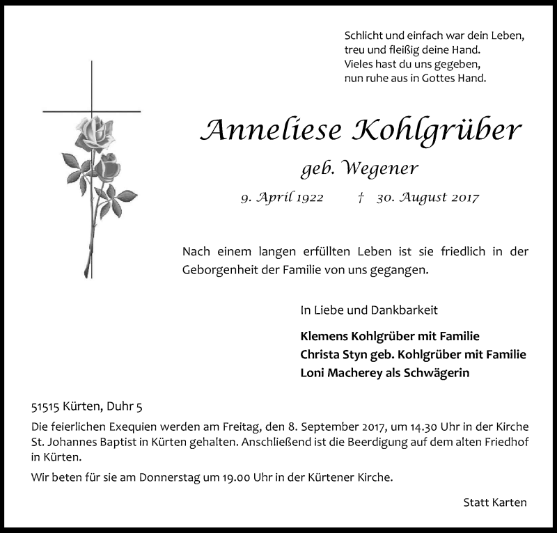  Traueranzeige für Anneliese Kohlgrüber vom 02.09.2017 aus Kölner Stadt-Anzeiger / Kölnische Rundschau / Express