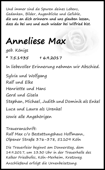 Anzeige von Anneliese Max von Kölner Stadt-Anzeiger / Kölnische Rundschau / Express
