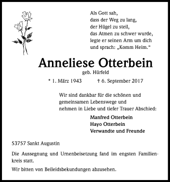 Anzeige von Anneliese Otterbein von Kölner Stadt-Anzeiger / Kölnische Rundschau / Express