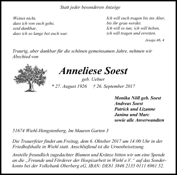 Anzeige von Anneliese Soest von Kölner Stadt-Anzeiger / Kölnische Rundschau / Express