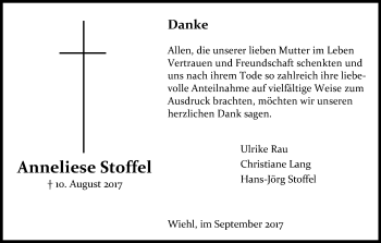 Anzeige von Anneliese Stoffel von Kölner Stadt-Anzeiger / Kölnische Rundschau / Express